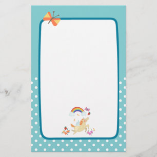 Happy Unicorn with Rainbow Clouds and Flowers Stationery