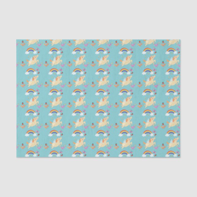 Happy Unicorn with Rainbow Clouds and Flowers Tissue Paper (Front)
