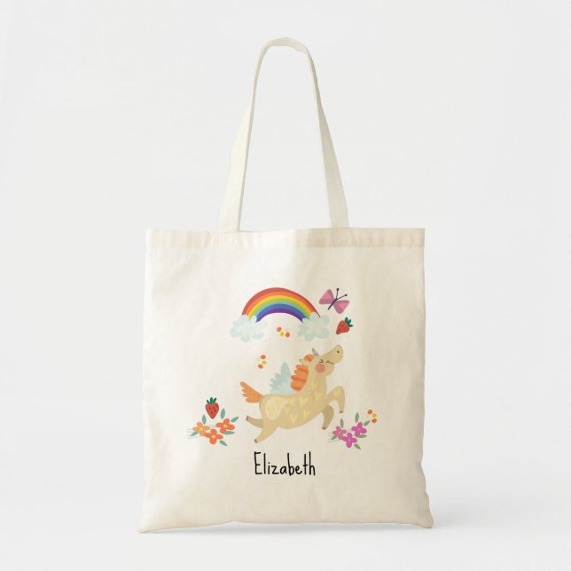 Happy Unicorn with Rainbow Clouds and Flowers Tote Bag (Front)
