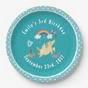 Happy Unicorn with Rainbow Clouds Birthday Paper Plate