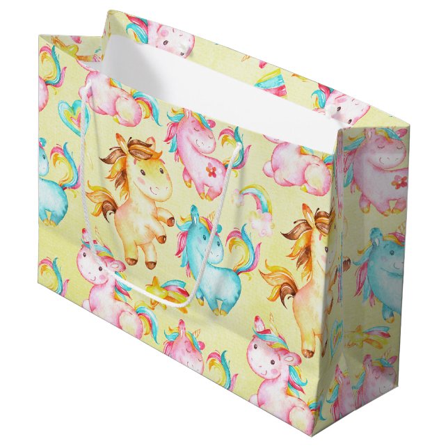 Happy Unicorns Pattern-Unicorn Love in Yellow Large Gift Bag (Front Angled)