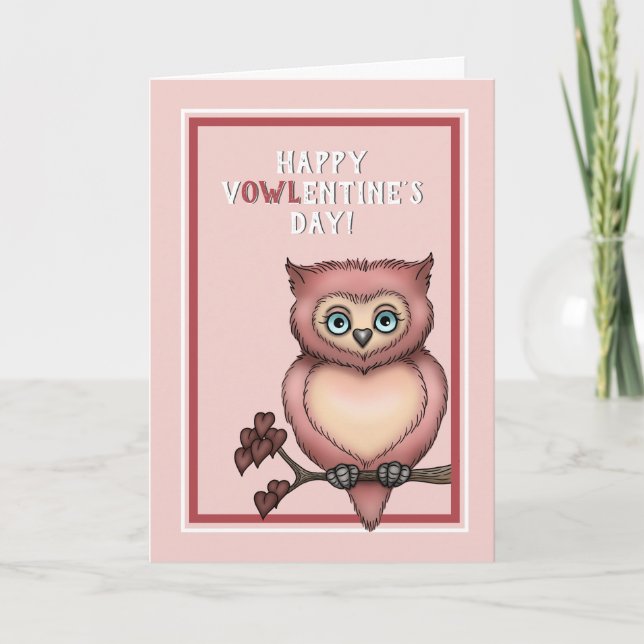 Happy V-owl-entine's Day Pink Valentine Owl Holiday Card (Front)