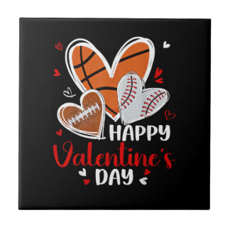 Happy Valentine Baseball Football Basketball Heart Tile