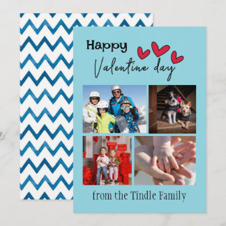 Happy Valentine Day Blue Chevron 4 Photo Valentine Card