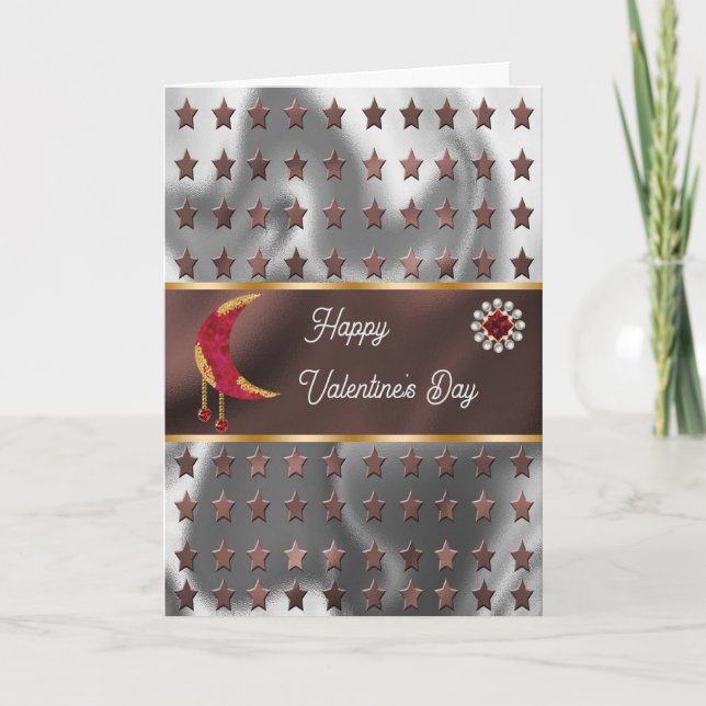 Happy Valentine Red Moon Jewels & Stars Card (Front)