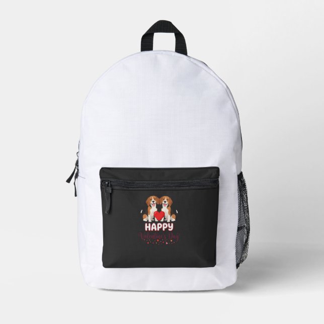 Happy Valentine’s Day Beagle Couple Printed Backpack (Front)