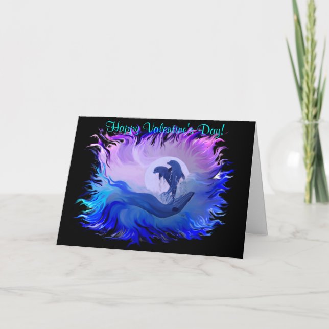 Happy Valentine s Day - Dolphins in the moonlight Holiday Card (Front)