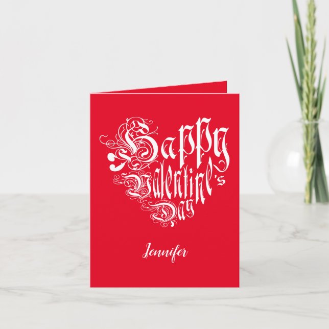 Happy Valentine’s Day heart white text on red Holiday Card (Front)