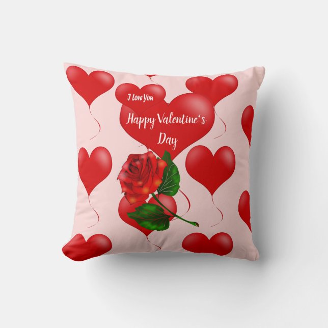 Happy Valentine’s Day Pillow – Red Hearts & Roses (Front)