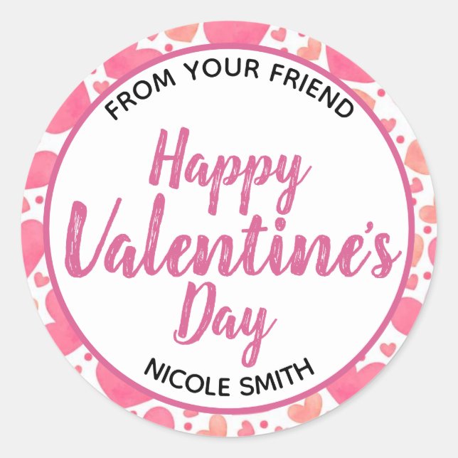 Happy Valentine’s Day Pink Hearts From Your Friend Classic Round Sticker (Front)