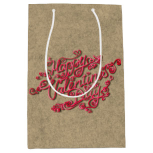 Happy Valentine’s Day sepia heart red lettering Medium Gift Bag