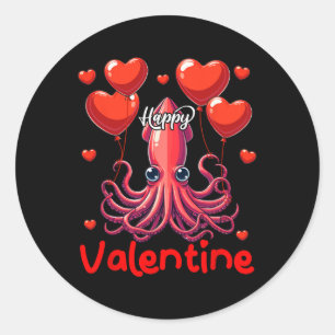 Happy Valentine Squid Holding Heart Bylloons Lover Classic Round Sticker