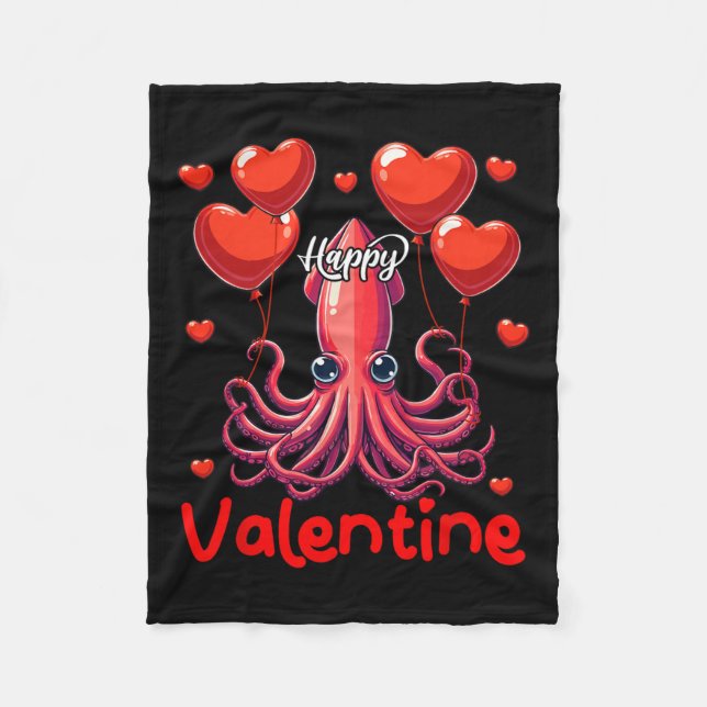 Happy Valentine Squid Holding Heart Bylloons Lover Fleece Blanket (Front)
