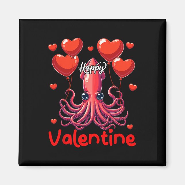 Happy Valentine Squid Holding Heart Bylloons Lover Magnet (Front)