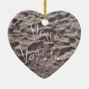 Happy Valentine text in sand, Sunny Beach Summer Ceramic Ornament
