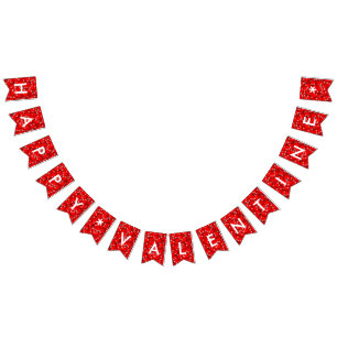 Happy Valentine Typography Red Hearts Pattern Bunting Flags