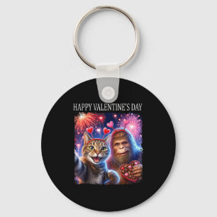 Happy Valentines 2026 Cute Cat Bigfoot Party Art _ Keychain