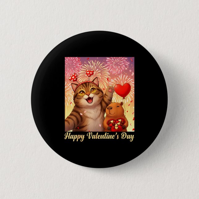 Happy Valentines 2026 Cute Cat Capybara Party Art  2 Inch Round Button (Front)