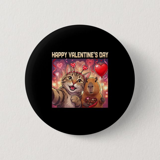 Happy Valentines 2026 Cute Cat Capybara Party Art  2 Inch Round Button (Front)