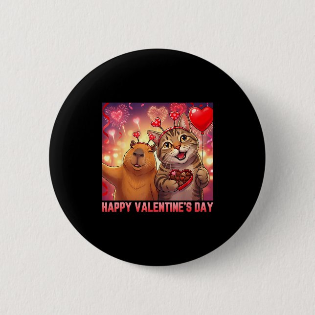Happy Valentines 2026 Cute Cat Capybara Party Art  2 Inch Round Button (Front)