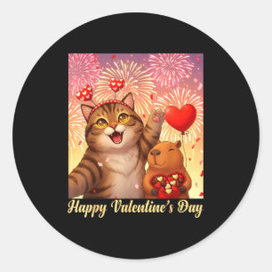 Happy Valentines 2026 Cute Cat Capybara Party Art  Classic Round Sticker