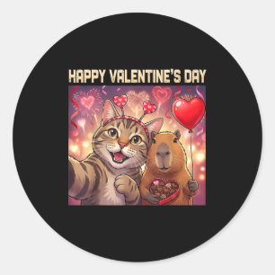 Happy Valentines 2026 Cute Cat Capybara Party Art  Classic Round Sticker
