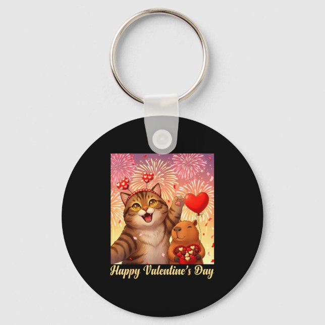 Happy Valentines 2026 Cute Cat Capybara Party Art  Keychain (Front)