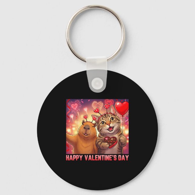 Happy Valentines 2026 Cute Cat Capybara Party Art  Keychain (Front)