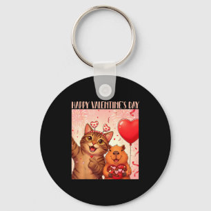 Happy Valentines 2026 Cute Cat Capybara Party Art  Keychain