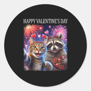 Happy Valentines 2026 Cute Cat Raccoon Party Art  Classic Round Sticker