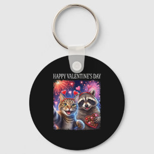 Happy Valentines 2026 Cute Cat Raccoon Party Art  Keychain