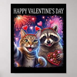 Happy Valentines 2026 Cute Cat Raccoon Party Art  Poster