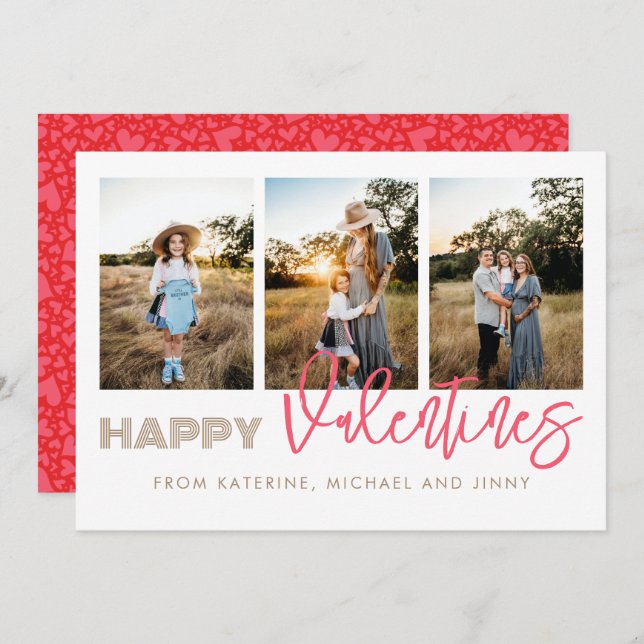 Happy Valentines 3 Photo Collage Family Card (Front/Back)