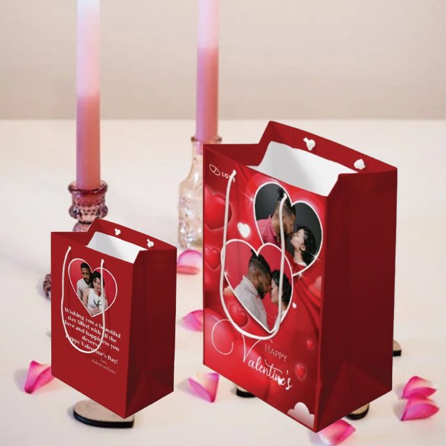 Happy Valentine's 3 Photo Collage Red  Hearts Medium Gift Bag (Creator Uploaded)