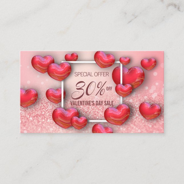 Happy Valentine's Day 3D Red Hearts Glitter Discount Card (Front)