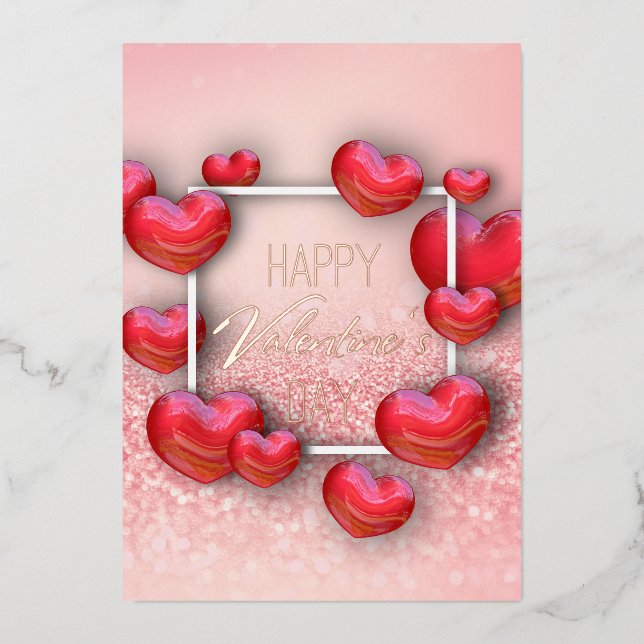 Happy Valentine's Day 3D Red Hearts Glitter Foil Holiday Card (Front)