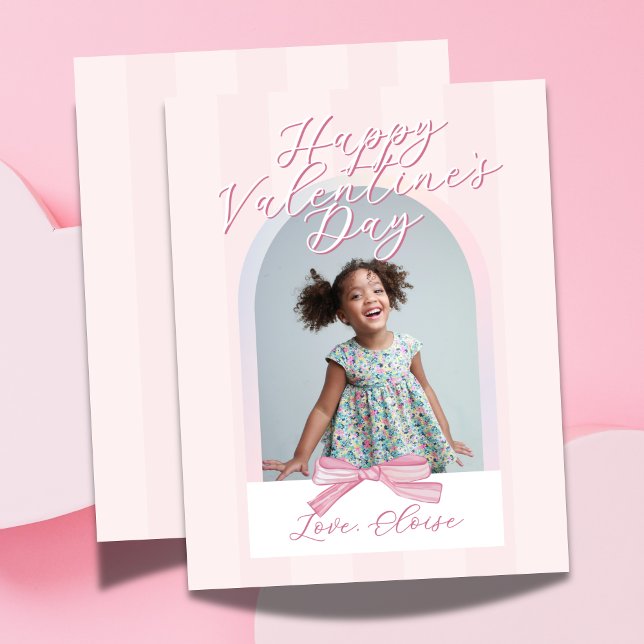 Happy Valentine's Day Arch Photo Bow Card (Send heart day greetings with this Happy Valentine's Day Arch Photo Pink Strip Bow Holiday Card!)