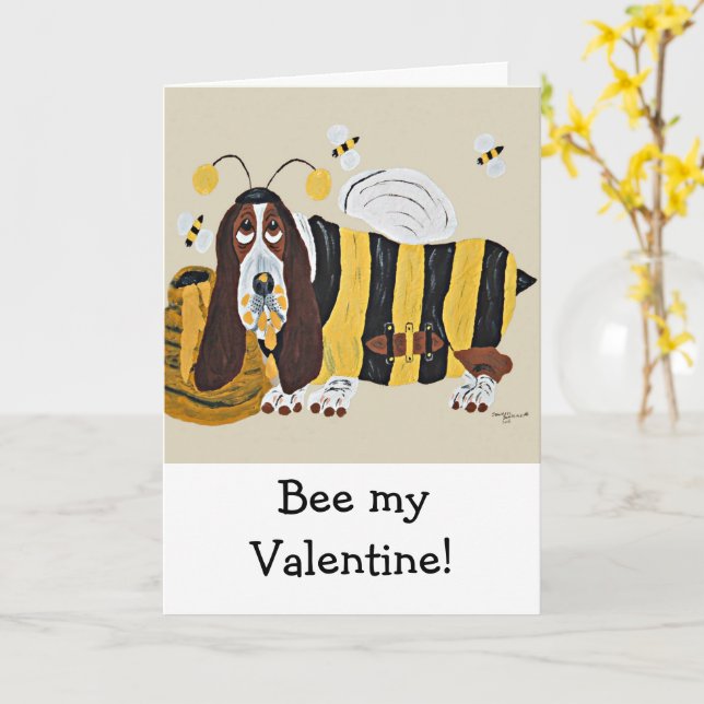 Happy Valentine's Day Basset Folded Greeting Card (Yellow Flower)