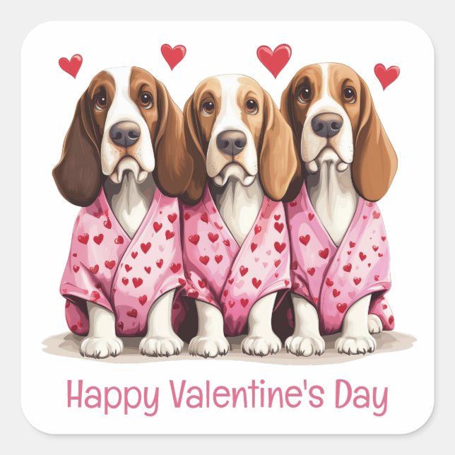Happy Valentines Day Basset Hound Dogs Square Sticker (Front)