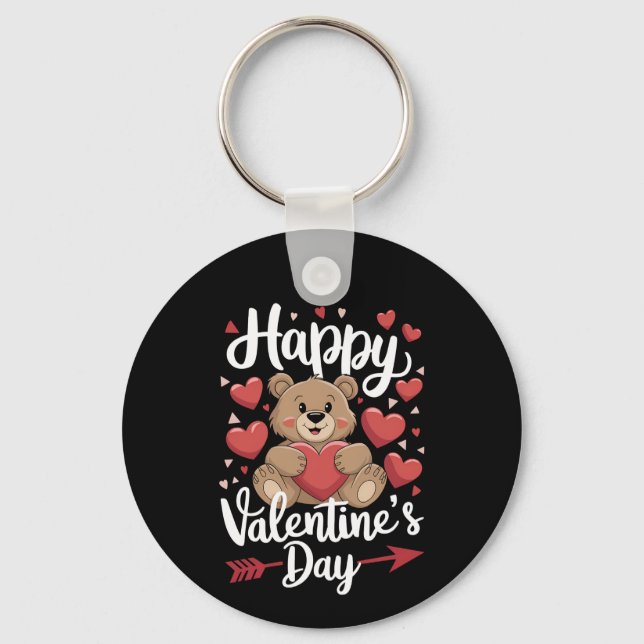 Happy Valentine's Day Bear Heart Cute Couples Keychain (Front)
