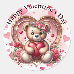 Happy Valentine's Day Bear Hearts & Flowers Classic Round Sticker