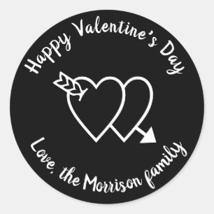 Happy Valentine's Day black hearts custom script   Classic Round Sticker