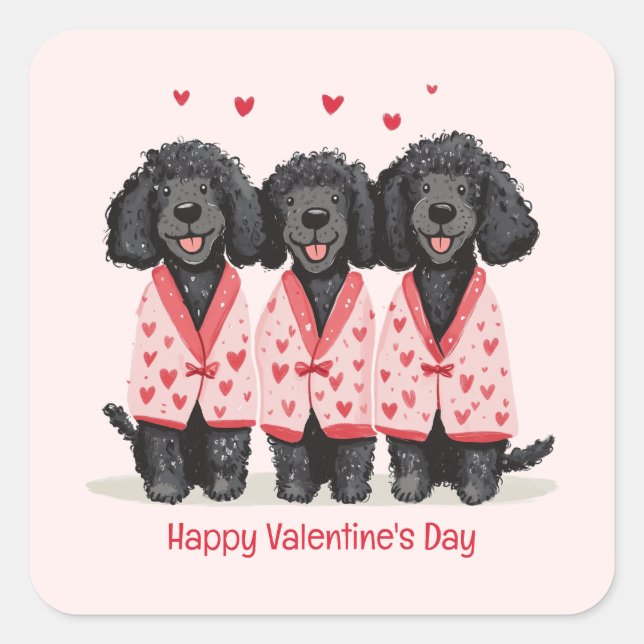 Happy Valentines Day Black Standard Poodle Dogs Square Sticker (Front)