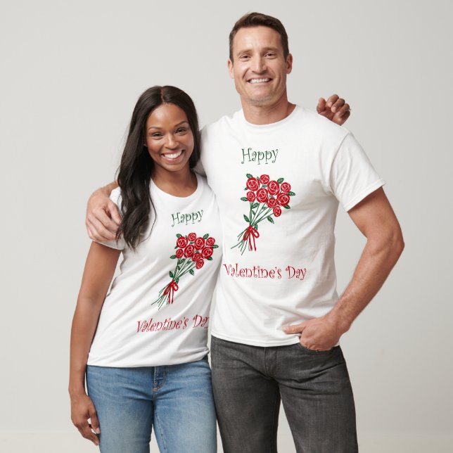 Happy Valentines Day Bouquet Of Red Flowers T-Shirt (Unisex)