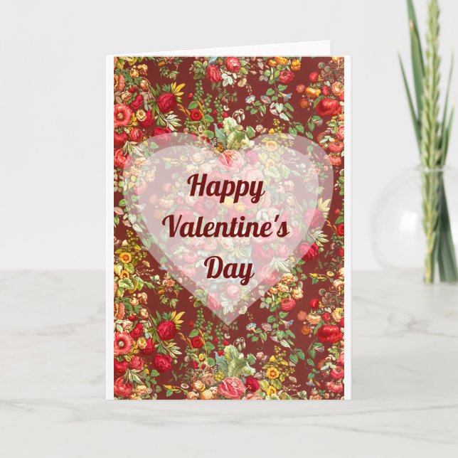 Happy Valentine's Day - Burgundy Floral & Hearts Card (Front)