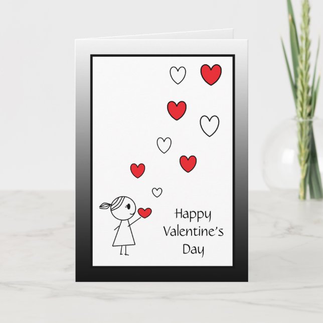 Happy Valentine's Day Card Girl Throwing Hearts (Front)
