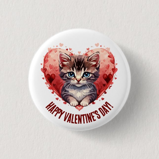 Happy Valentine's Day Cat Heart 1 Inch Round Button (Front)