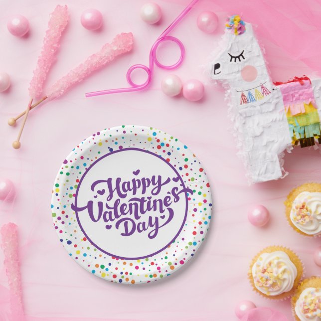 Happy Valentine's Day Colourful Confetti Paper Plate (Party)