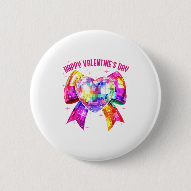 Happy Valentine's Day Coquette Disco Ball Heart Gi 2 Inch Round Button (Front)