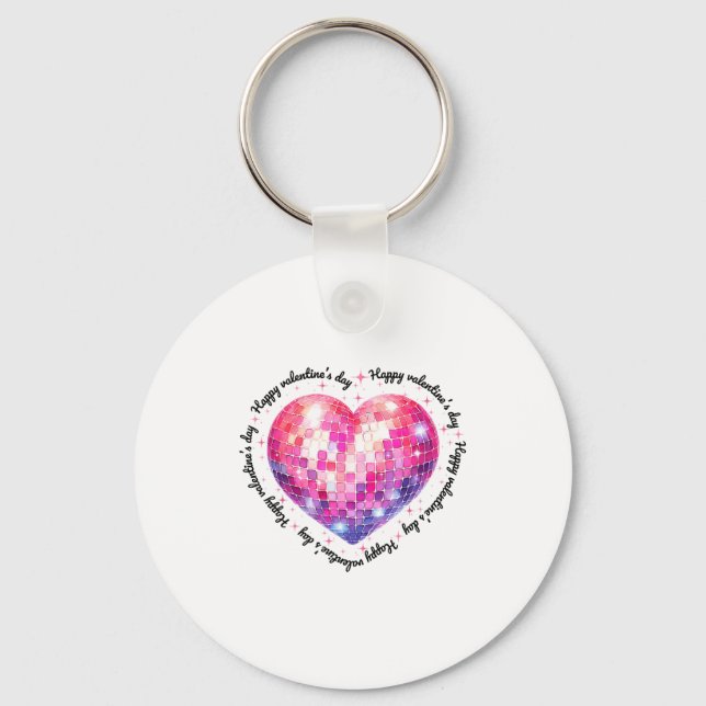 Happy Valentine's Day Coquette Nk Disco Ball Heart Keychain (Front)